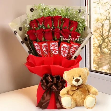 Romantic Red Roses & KitKat Bouquet with Teddy