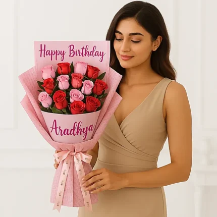 Personalised Pink & Red Rose Birthday Bouquet