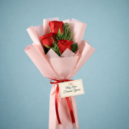 Elegant 3 Red Rose Bouquet with Premium Pink Wrapping