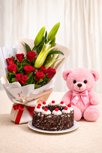 Romantic Rose Lily Bouquet with Cake & Teddy Combo