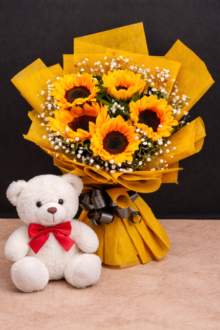 Sunshine Sunflower Bouquet with White Teddy